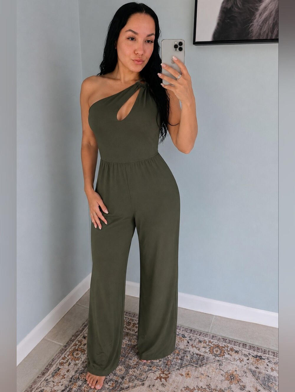 Olive Green One-Shoulder Wide Leg Jumpsuit with Gold Ring Detail – Women's